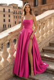 Lachlan | Satin A-Line Scoop Empire-Waist Pleated Satin High Slit Formal Prom Dress