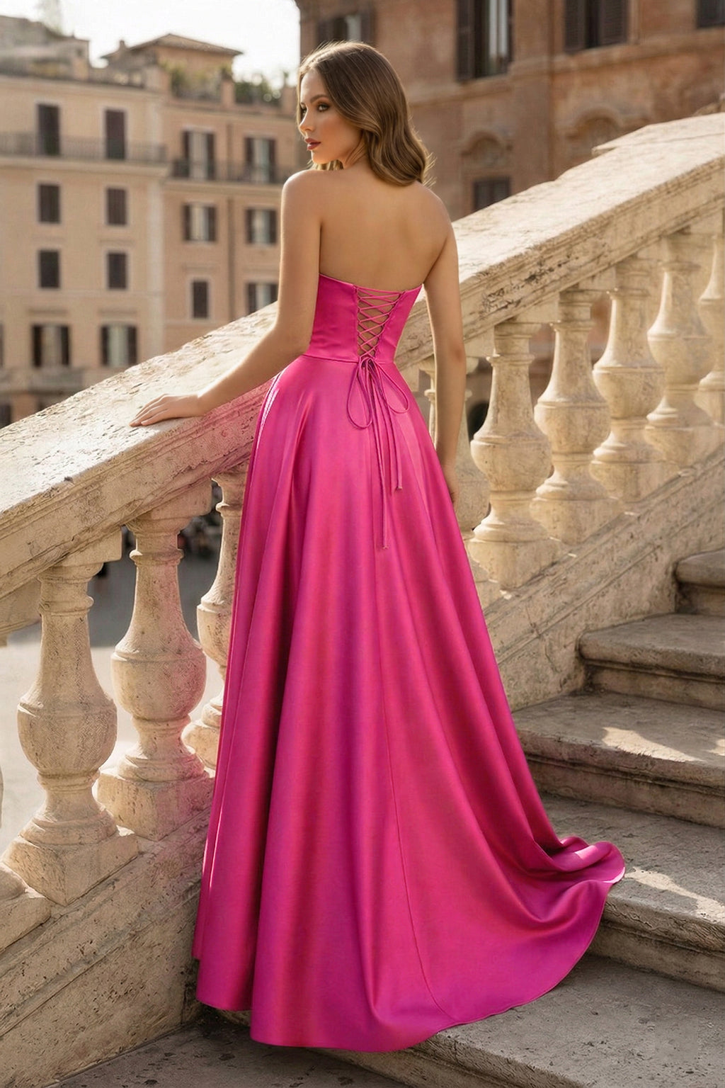 Lachlan | Satin A-Line Scoop Empire-Waist Pleated Satin High Slit Formal Prom Dress