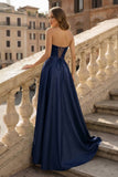 Lachlan | Satin A-Line Scoop Empire-Waist Pleated Satin High Slit Formal Prom Dress