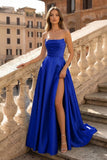 Lachlan | Satin A-Line Scoop Empire-Waist Pleated Satin High Slit Formal Prom Dress