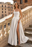 Lachlan | Satin A-Line Scoop Empire-Waist Pleated Satin High Slit Formal Prom Dress