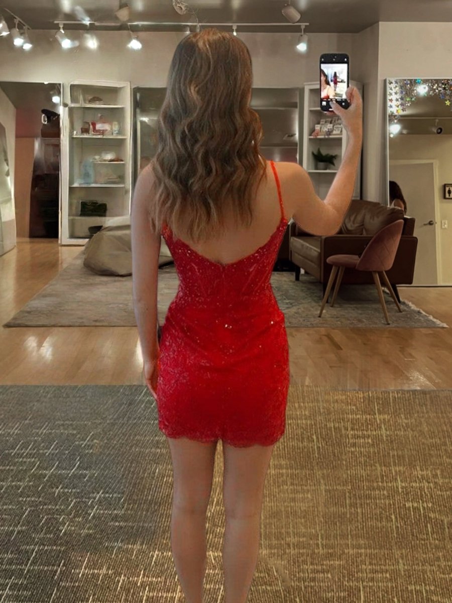 Red Spaghetti Straps Bodycon Sequin Mini Party Dresses With Keyhole
