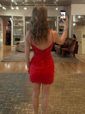 Red Spaghetti Straps Bodycon Sequin Mini Party Dresses With Keyhole