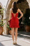 Red - Strapless Beaded Bodycon Mini Party Dresses With Ruffles