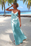 Sky Blue Spaghetti Straps Sheath Satin Backless Long Formal Prom Dresses With Flower
