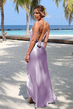 Sky Blue Spaghetti Straps Sheath Satin Backless Long Formal Prom Dresses With Flower