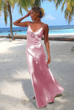 Sky Blue Spaghetti Straps Sheath Satin Backless Long Formal Prom Dresses With Flower