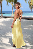 Sky Blue Spaghetti Straps Sheath Satin Backless Long Formal Prom Dresses With Flower