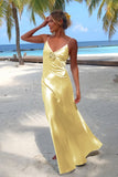 Sky Blue Spaghetti Straps Sheath Satin Backless Long Formal Prom Dresses With Flower