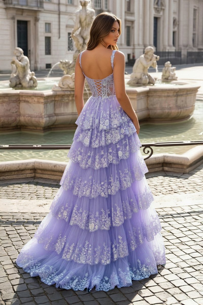 Lavender Princess A Line Off the Shoulder Corset Prom Dress with Lace Ruffles
