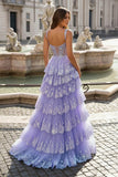 Lavender Princess A Line Off the Shoulder Corset Prom Dress with Lace Ruffles