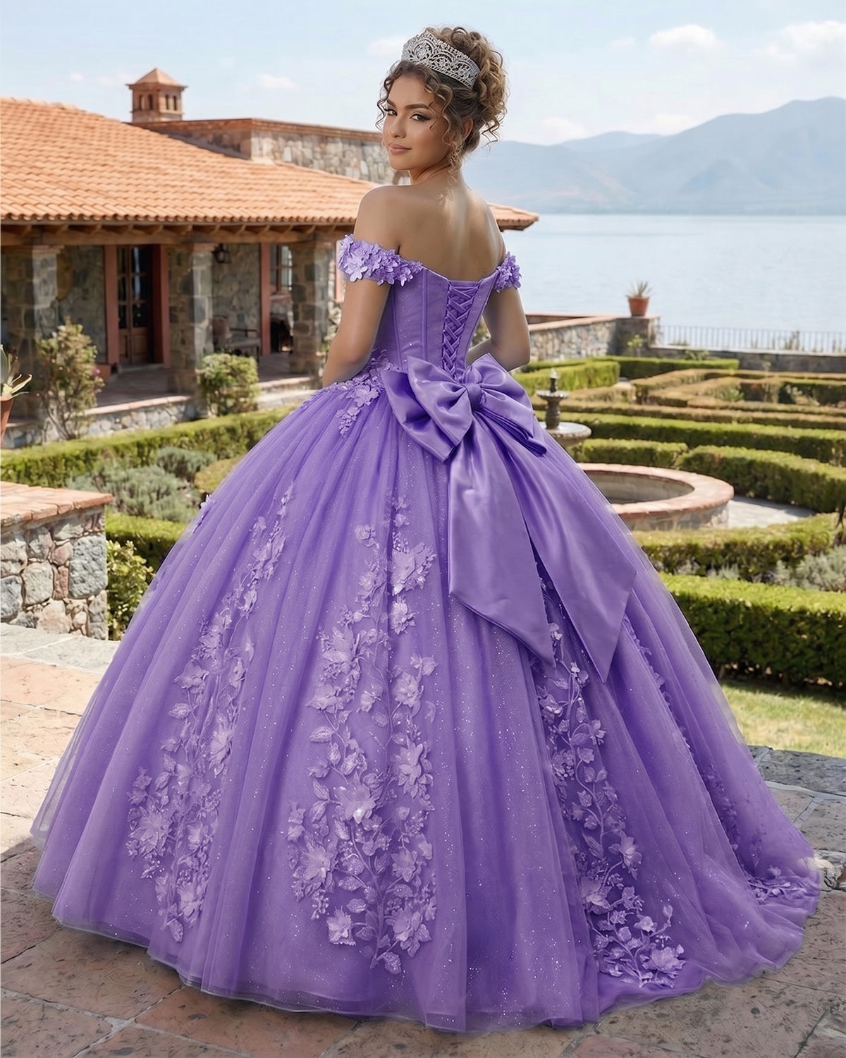 Big Bow Floral Flower Lace Applique Off Shoulder Ball Gown Quinceanera Dresses