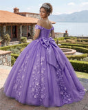 Big Bow Floral Flower Lace Applique Off Shoulder Ball Gown Quinceanera Dresses