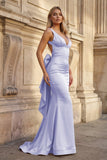 Coral Pink Mermaid V Neck Satin Open Back Long Prom Dresses With Bow