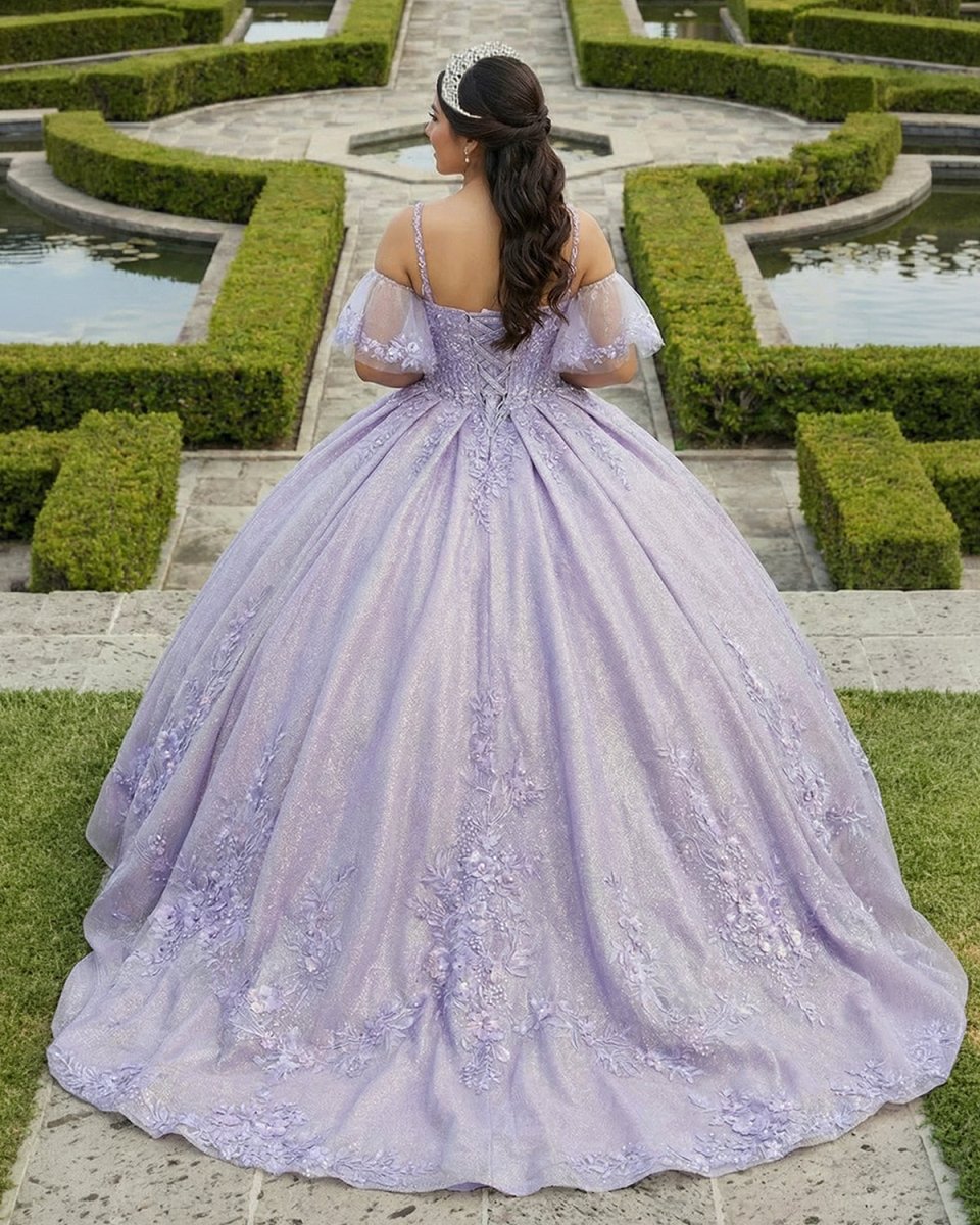 Lavender Off-the-Shoulder Straps Appliqued Quinceanera Dresses