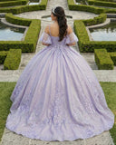 Lavender Off-the-Shoulder Straps Appliqued Quinceanera Dresses