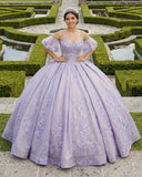Lavender Off-the-Shoulder Straps Appliqued Quinceanera Dresses