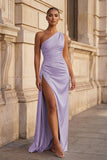 Pink One Shoulder Sheath Satin Long Prom Dresses With Slit