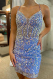 Sparkly Lavender Sequin-Embroidery Lace-Up Mini Party Dresses