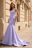 Black Square Neck Mermaid Satin Long Prom Dresses With Pearls