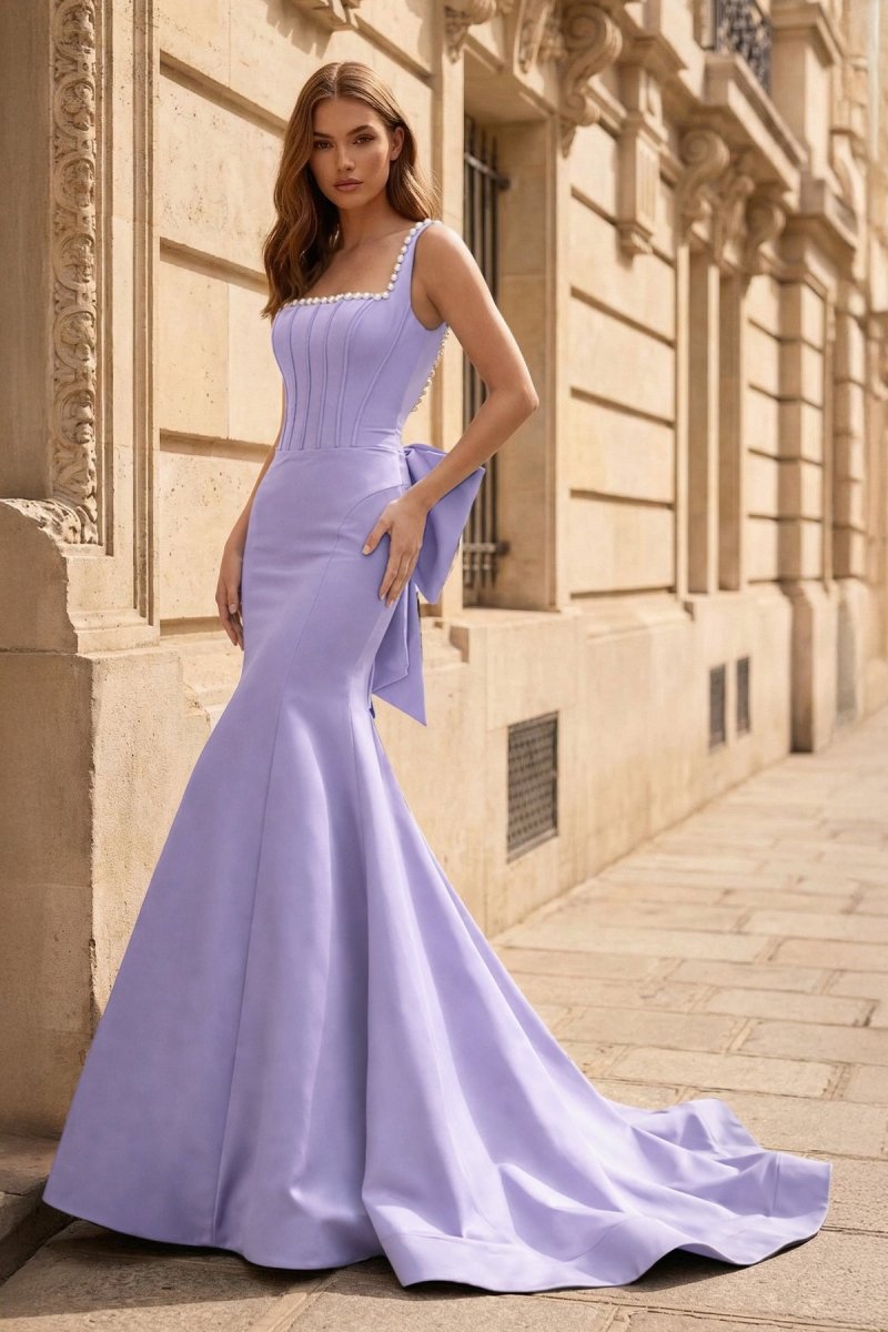 Black Square Neck Mermaid Satin Long Prom Dresses With Pearls