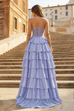Gray Sweetheart A Line Satin Ruffled Long Prom Dresses With Slit