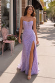 Lavender Strapless Lace Ruched Mermaid Prom Dress with Slit