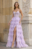 Sky Blue Sweetheart A Line Sequined Lace Ruffled Long Prom Dresses With Appliques