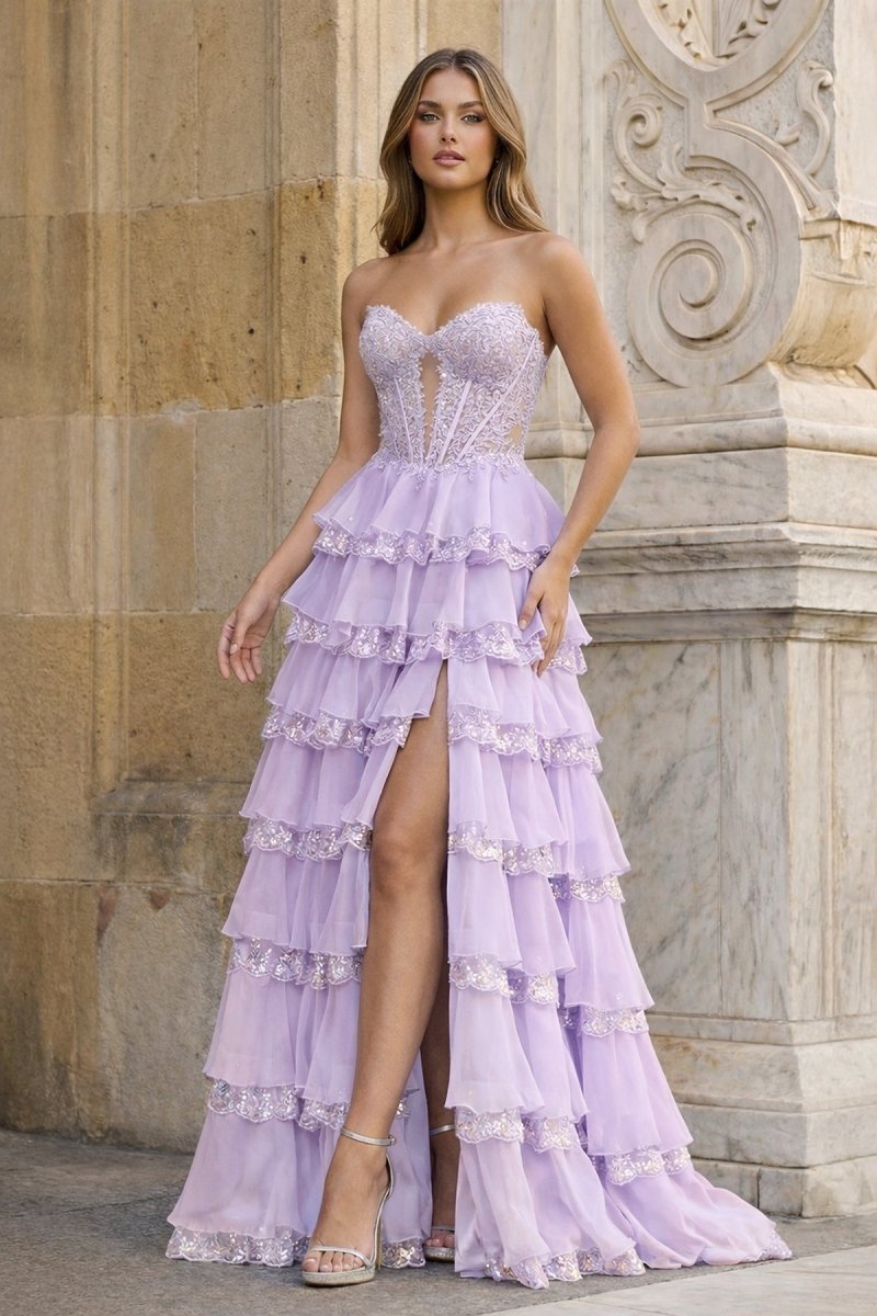 Sky Blue Sweetheart A Line Sequined Lace Ruffled Long Prom Dresses With Appliques