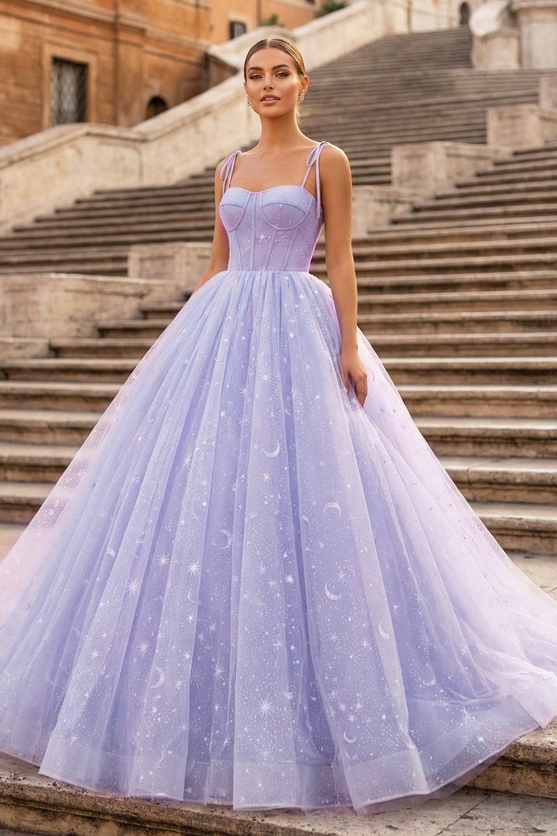 Lavender Tulle Straps Floor Length Evening Dress. Lavender A-Line Prom Dress