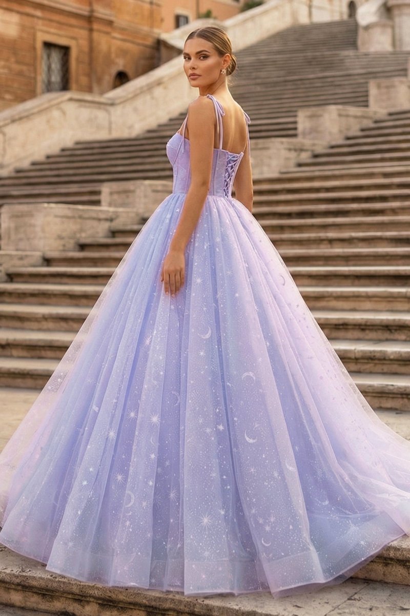 Lavender Tulle Straps Floor Length Evening Dress. Lavender A-Line Prom Dress