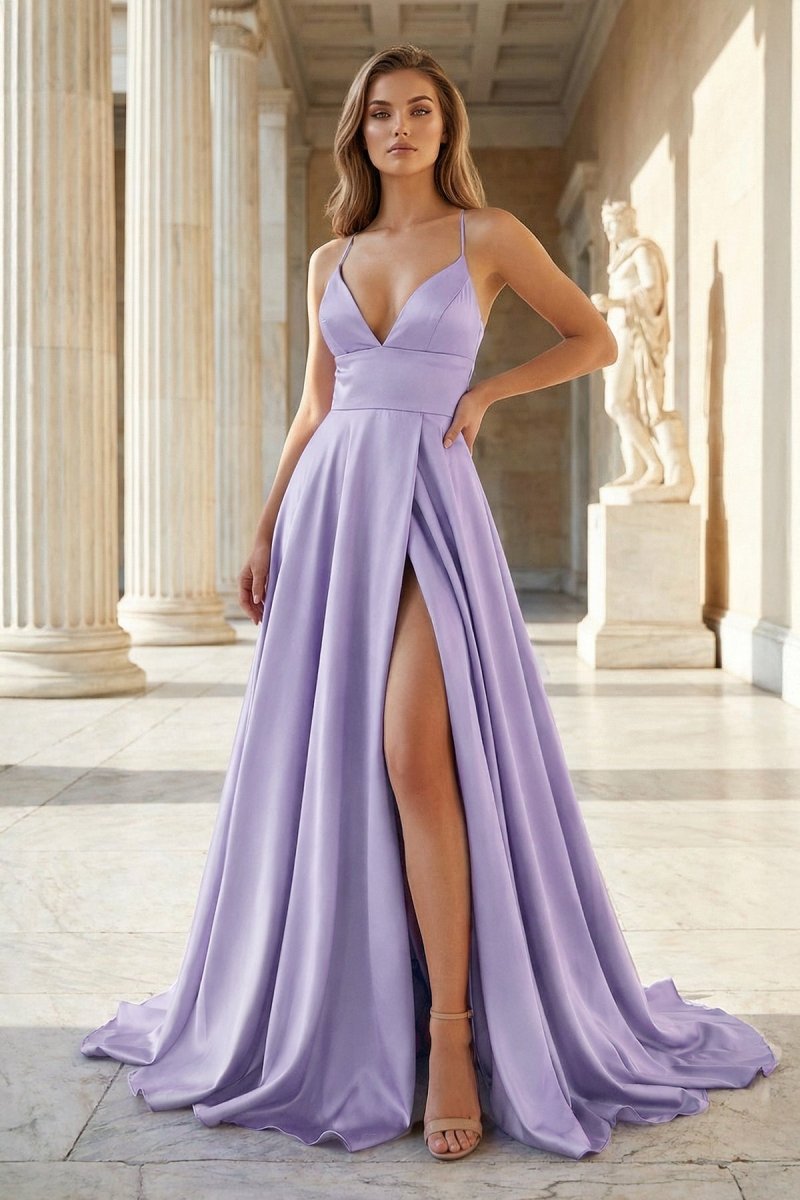Pink Spaghetti Straps Satin Backless A Line Prom Dress With Pockets