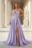 Pink Spaghetti Straps Satin Backless A Line Prom Dress With Pockets