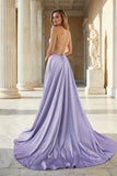 Pink Spaghetti Straps Satin Backless A Line Prom Dress With Pockets