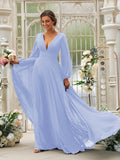 Vestido de dama de honor de corte A/princesa, de gasa, con volantes, escote en V, mangas largas y cola larga, vestido para madre de la novia