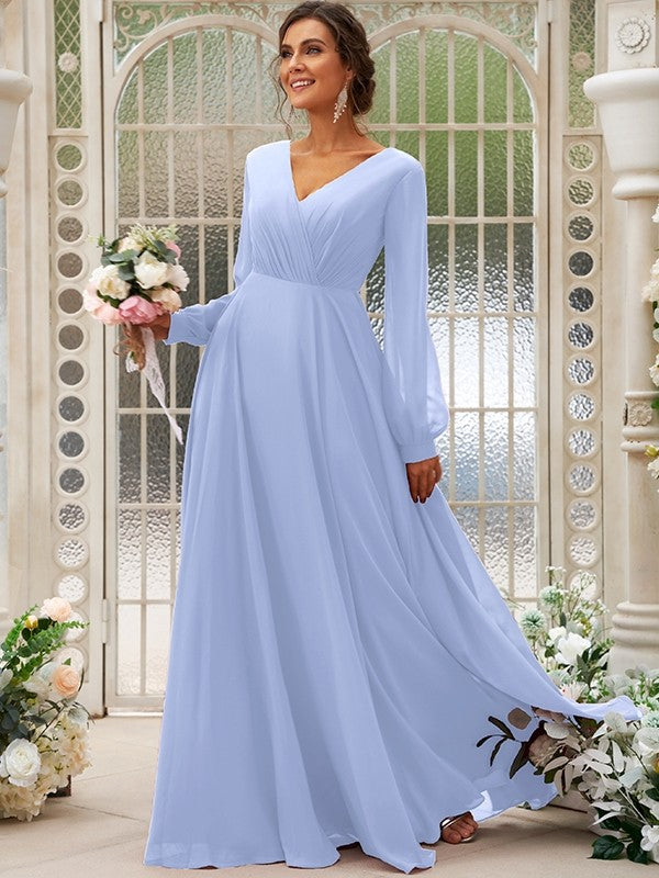 A-Line/Princess Chiffon Ruched V-neck Long Sleeves Floor-Length Bridesmaid Dresses Mother of the Bride Dress