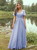 A-Line/Princess Chiffon Ruffles V-neck Short Sleeves Floor-Length Bridesmaid Dresses Evening Prom Dress