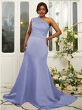 Sheath/Column Satin Lace One-Shoulder Sleeveless Sweep/Brush Train Bridesmaid Dresses Evening Dress