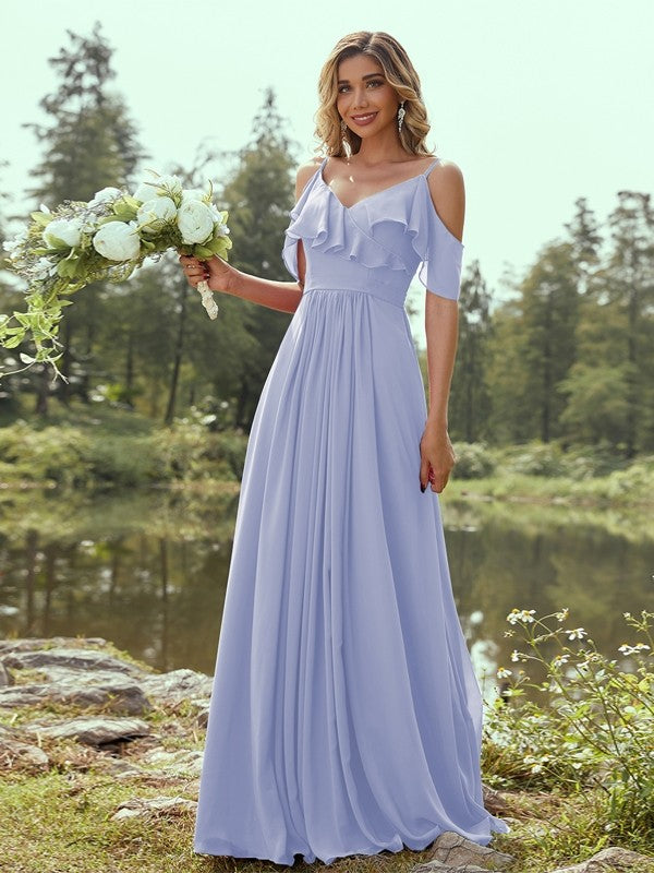 A-Line/Princess Chiffon Ruffles V-neck Sleeveless Floor-Length Bridesmaid Dresses Evening Prom Dress