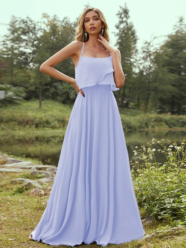 A-Line/Princess Chiffon Ruffles Spaghetti Straps Sleeveless Floor-Length Bridesmaid Dresses Evening Prom Dress