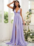 Vestido de dama de honor de corte A/princesa, jersey con volantes, escote en V, sin mangas, cola larga, para invitada de boda