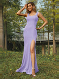 Sheath/Column Jersey Ruffles Straps Sleeveless Sweep/Brush Train Bridesmaid Dresses Evening Dress