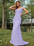 Sheath/Column Stretch Crepe Applique Off-the-Shoulder Sleeveless Sweep/Brush Train Bridesmaid Dresses Evening Dress