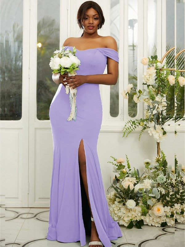 Sheath/Column Jersey Ruffles Off-the-Shoulder Sleeveless Sweep/Brush Train Bridesmaid Dresses Evening Dress