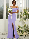 Sheath/Column Jersey Ruffles Off-the-Shoulder Sleeveless Sweep/Brush Train Bridesmaid Dresses Evening Dress