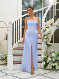A-Line/Princess Silk like Satin Ruffles Spaghetti Straps Sleeveless Floor-Length Bridesmaid Dresses Evening Dress