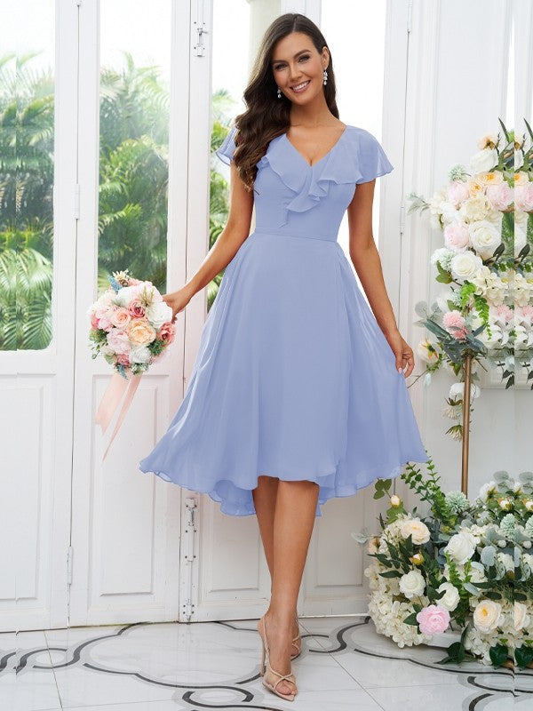 Vestido de dama de honor asimétrico de corte A/princesa, de gasa, con volantes, escote en V y mangas cortas, ideal para invitadas de boda y graduación.