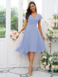 Vestido de dama de honor asimétrico de corte A/princesa, de gasa, con volantes, escote en V y mangas cortas, ideal para invitadas de boda y graduación.