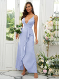 A-Line/Princess Silk like Satin Ruffles V-neck Sleeveless Floor-Length Bridesmaid Dresses Prom Dress