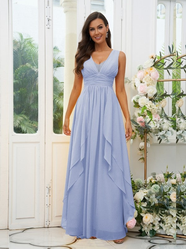 A-Line/Princess Chiffon Ruffles V-neck Sleeveless Floor-Length Bridesmaid Dresses Evening Prom Dress